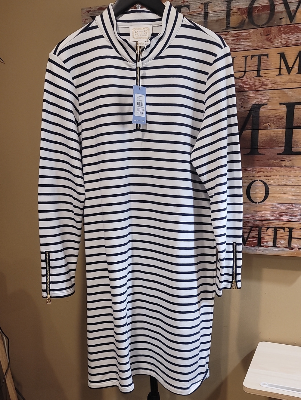 Sail to Sable Navy and White Striped Long-Sleeve Quarter Zip Dress